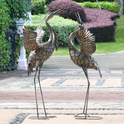 Natelf Garden Crane Statues Outdoor Large Bird Yard Art Decorations Metal Lawn Ornament for Home Patio Porch Backyard Decorations(Set of 2)