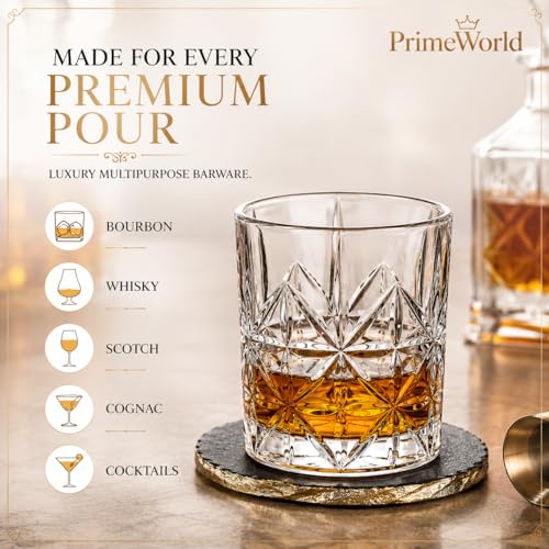 Image of PrimeWorld Premium Paris Crystal Whiskey Glasses Set of 6 pcs- 310 ml Bar Glass for Drinking Bourbon, Whisky, Scotch, Cocktails, Cognac- Old Fashioned Cocktail Tumblers
