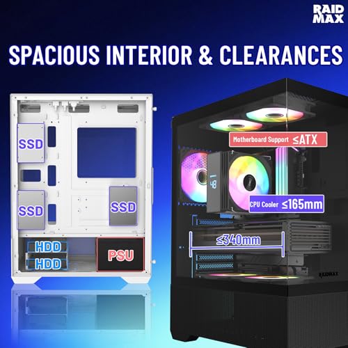 Image of Raidmax i802 Vibe Series ATX Mid Tower Gaming Case Bundle - Tempered Glass Side Panel, Includes 700W 80+ Power Supply, AM1204 Digital Display Air Cooler, and 5 Pre-Installed FRGB Fans (Black)