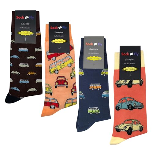 VW Ride Dress Socks 4 Pack Funny Novelty Crazy Fun Design Men Size 8-12 Cotton Casual Crew Colorful Funky Fancy Socks Gift for Men2