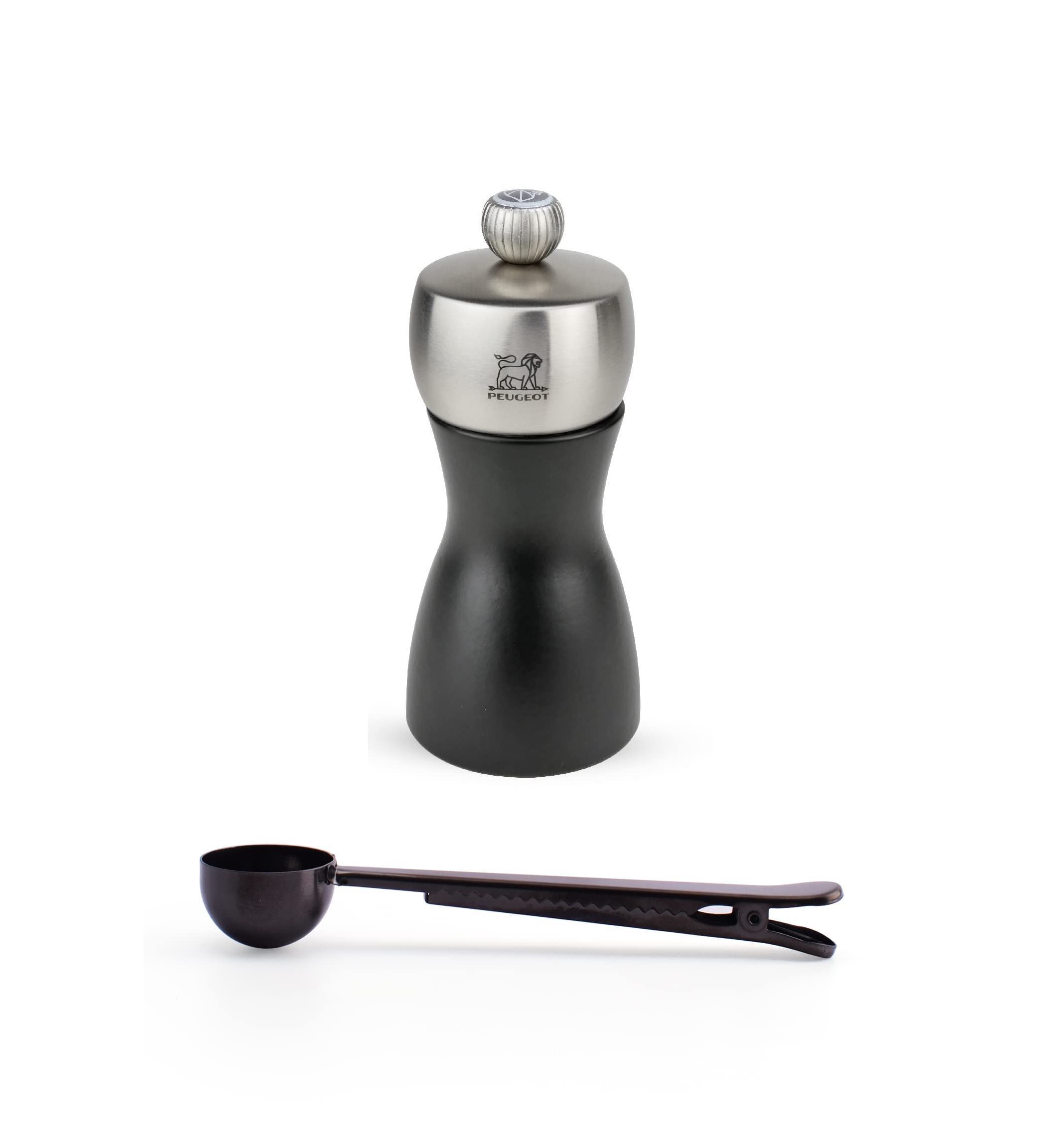 Peugeot Fidji 4.75 Inch Salt Mill Gift Set, Black Matte - With Stainless Steel Spice Scoop & Clip