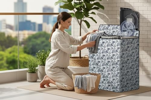 Image of The Furnishing Tree Semi-Automatic Top Load Washing Machine Cover | Waterproof & Dustproof | Easy to Clean | Durable & Washable, Classic Floral Bouquet Print Polyester (53.5x89x99 CM)