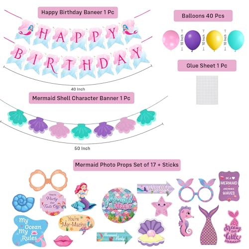 Image of Party Propz Mermaid Theme Birthday Decoration Kit for Girls - 60 Pcs, Happy Birthday Banner, 40 Balloons, Mermaid Shell Banner, Photo Props & Glue Sheet (Cardstock,Latex)