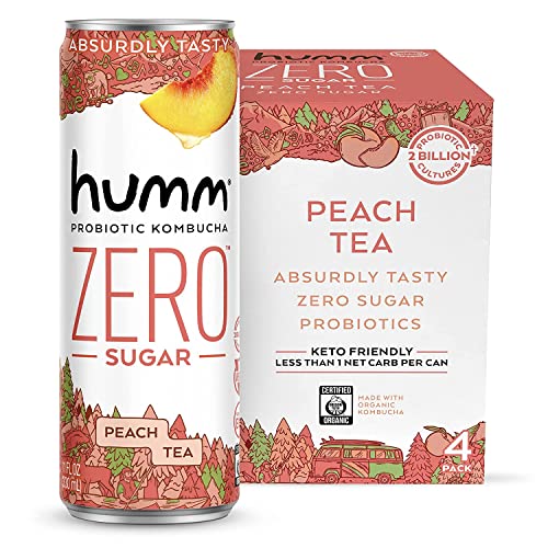 Humm Probiotic Kombucha Zero Sugar Peach Tea - No Refrigeration Needed, Keto-Friendly, Organic, Vegan, Gluten-Free - 11oz Cans (4 Pack)