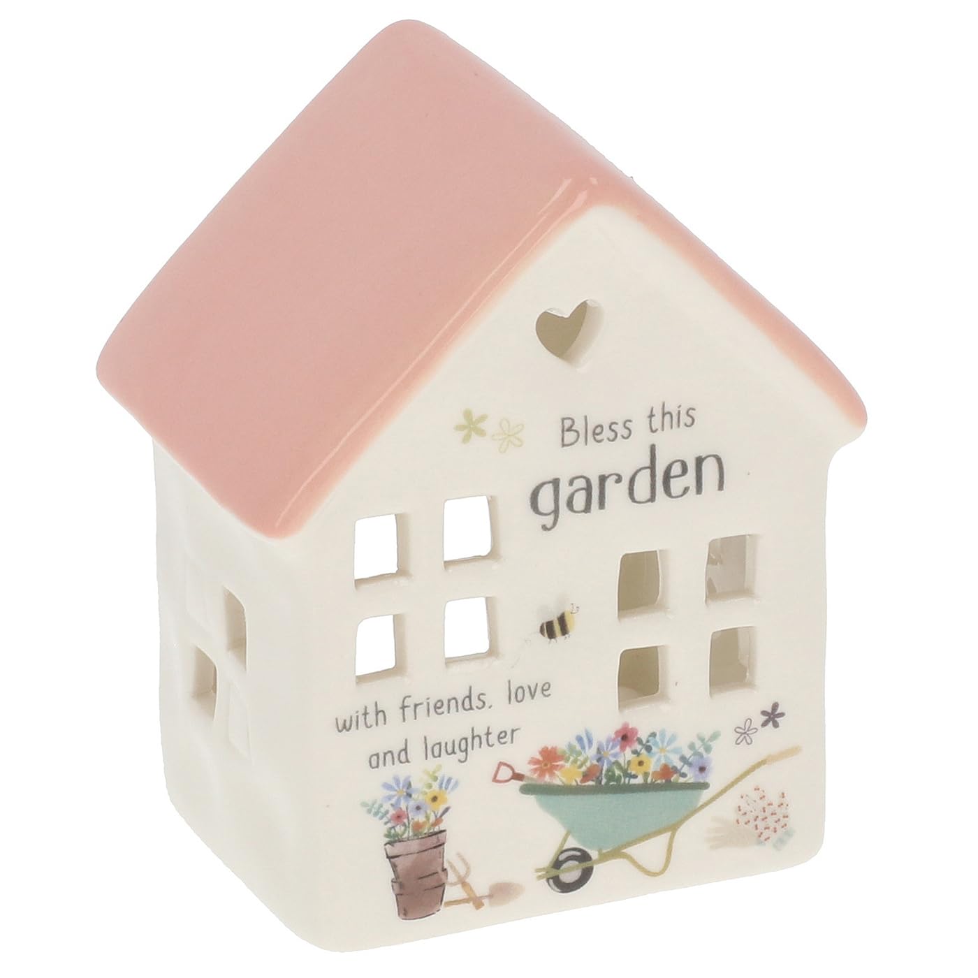 Shudehill Giftware Happy Garden Ceramic Tealight House, Bless This Garden Candle Holder Ornament with Pink Roof