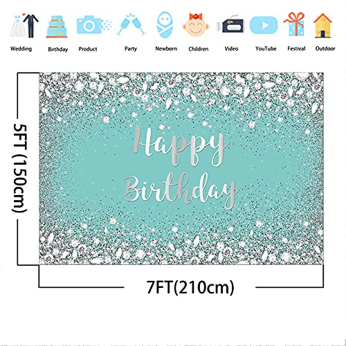 Avezano Turquoise Blue And Silver Birthday Backdrop Shiny Sweet 16 21St Diamonds Teal Birthday Background Girls Sweet 16Th Women Bday Party Banner Decorations Cake Table Banner (7X5) #TOP2