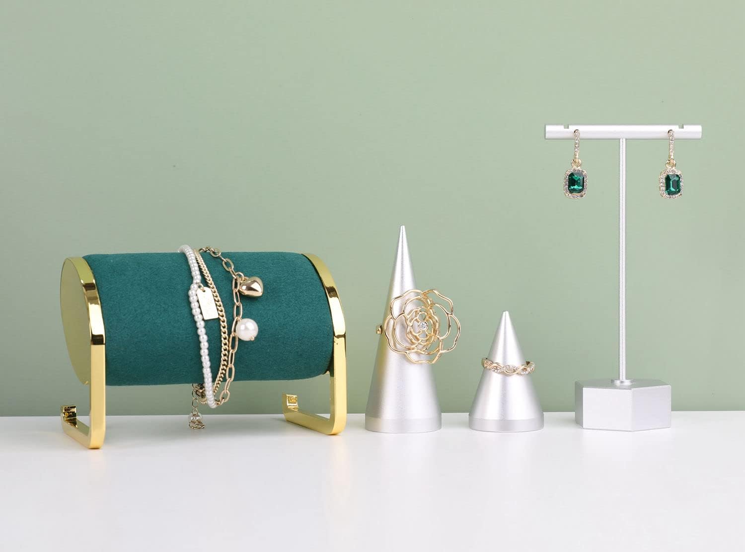 GemeShou green bracelet organizer and storage, metal bangle stand holder, gold jewelry display stand for selling bracelet photography prop【Green】