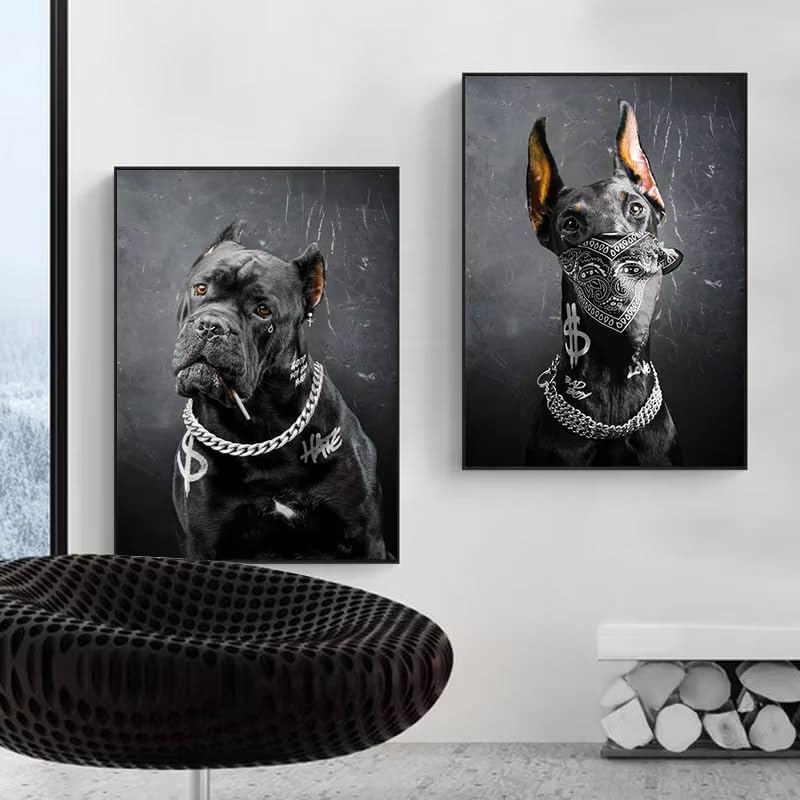 Affiche graffiti chien doberman noir peinture sur toile moderne 30x45cm x2