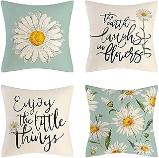 QIUKUN Throw Pillow Covers 18x18 inch Set of 4 Daisy Decor Summer Decorations Sunflower Pillows Case Flower Decorative Throw Pillow Covers Spring Farmhouse Decor Pillows Case for Sofa Couch Bed