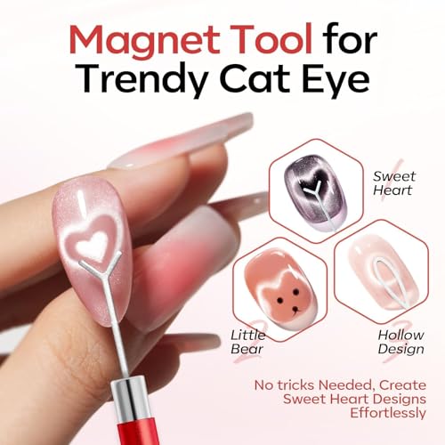 modelones Cat Eye Magnet Set, 5PCS 3-in-1 Dual-Head Nail Magnet Pen with Heart, Lightning & Ball Shapes for Cateye Gel Polish, Side Light Wide Light Glass Glow Effects, DIY Nail Art Tool — view 3