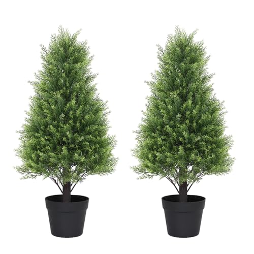 Artificial Cedar Topiary Trees Set of 2, 30'' UV Resistant Faux Cypress Pine Plants Outdoor, 2.5ft Large Realistic Faux Evergreen Cone Bushes & Shrubs for Front Porch Planter Decor Cedar Gre