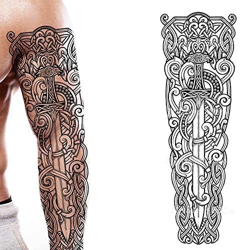 Tatodays tatuaggio temporaneo per braccio completo spada vichinga celtica nordica bastone su body art trasferimento per donne e uomini cosplay halloween adulto tatuaggio temporaneo per braccia