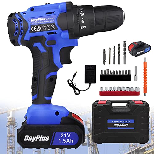 21V Perceuse Sans Fil Visseuse Électrique Perceuse Visseuse sur Batterie Tournevis Portable avec 1 Batterie pour Bricolage, 25+1 Réglages de Couple, 45Nm Couple Max., 26 Accessoires(Bleu)