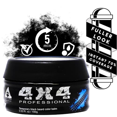 4X4 Professional Black Beard Balm Hair Coverage - Conceals Gray Hair & Patchy Thinning Beards Instantly- Temporary Black Hair Color Coverage Beard Coloring - Natural Look, Sweat & Water Resistant