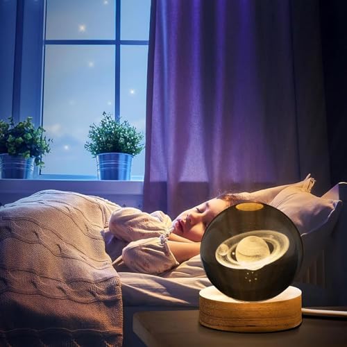3D Crystal Moon Lamp – Engraved Crystal Ball LED Night Light with Wooden Base, USB Powered, Warm Ambient Lighting for Home, Office, Kids Room, Gift for Space Lovers (Saturn) - Image 7