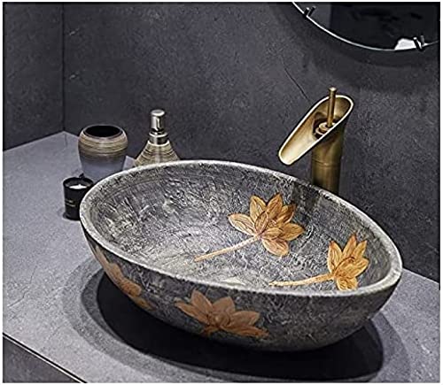 Fregadero de baño ovalado de cerámica, 51 x 38 x 15 cm, color negro con grifo y drenaje (negro)