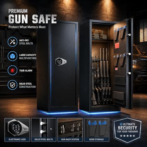 Image of Marcree 8-10 Gun Safe for Rifles & Pistols, Quick Access Rifle Safe with Dual Alarm, Mute Mode, Adjustable Shelves & Pistol Pockets, Gun Cabinet for Shotguns