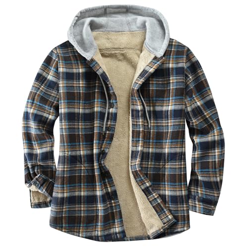 Image of Men's Cotton Plaid Shirt Jacket Fleece Flannel Sherpa Button Down