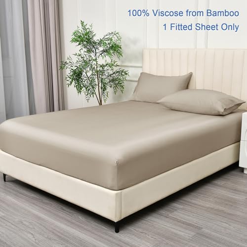 PHF 100% Rayon Derived from Bamboo Fitted Sheet Twin Size, 16" Deep Pocket,2.5cm Wider Strong Elastic Easy Fit, Breathable Silky Soft Skin-Friendly for Hot Sleeper,39"x 75",Light Taupe,No Pillowcases