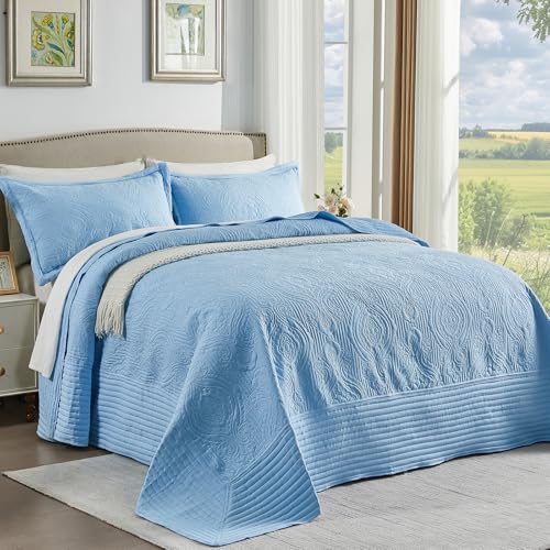 Image of ENJOHOS Light Blue California King Quilt Set, Oversized King Bedspreads 128x120, 3 Piece Soft Lightweight Extra Wide Microfiber Quilts, Vintage Boho Striped Pattern Summer Coverlet