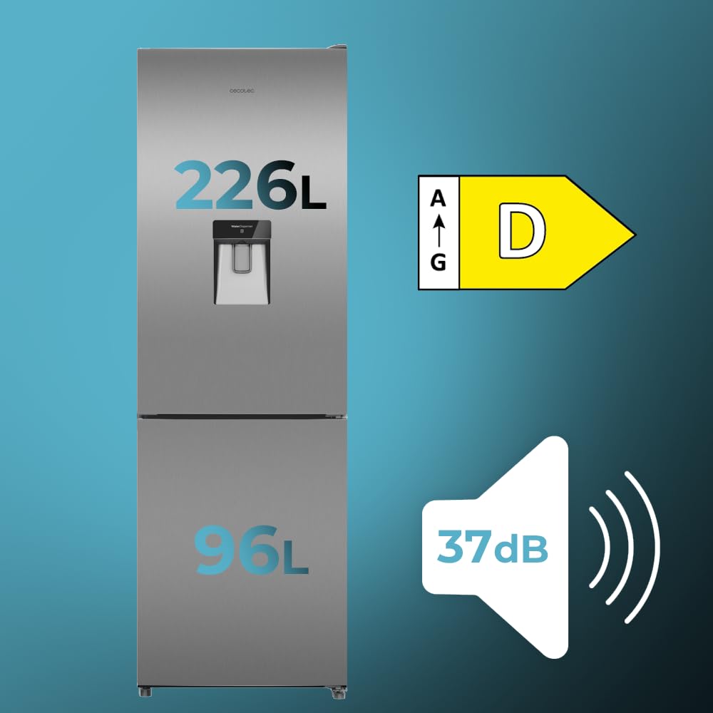 Cecotec Frigorifero Combinato con Dispenser Acqua 322L Bolero CoolMarket Combi 322i WD Inox D. Altezza 185,5cm, Larghezza 59,5cm, Tecnologia Multi Airflow, HumidityFlex HUB, LED Interno