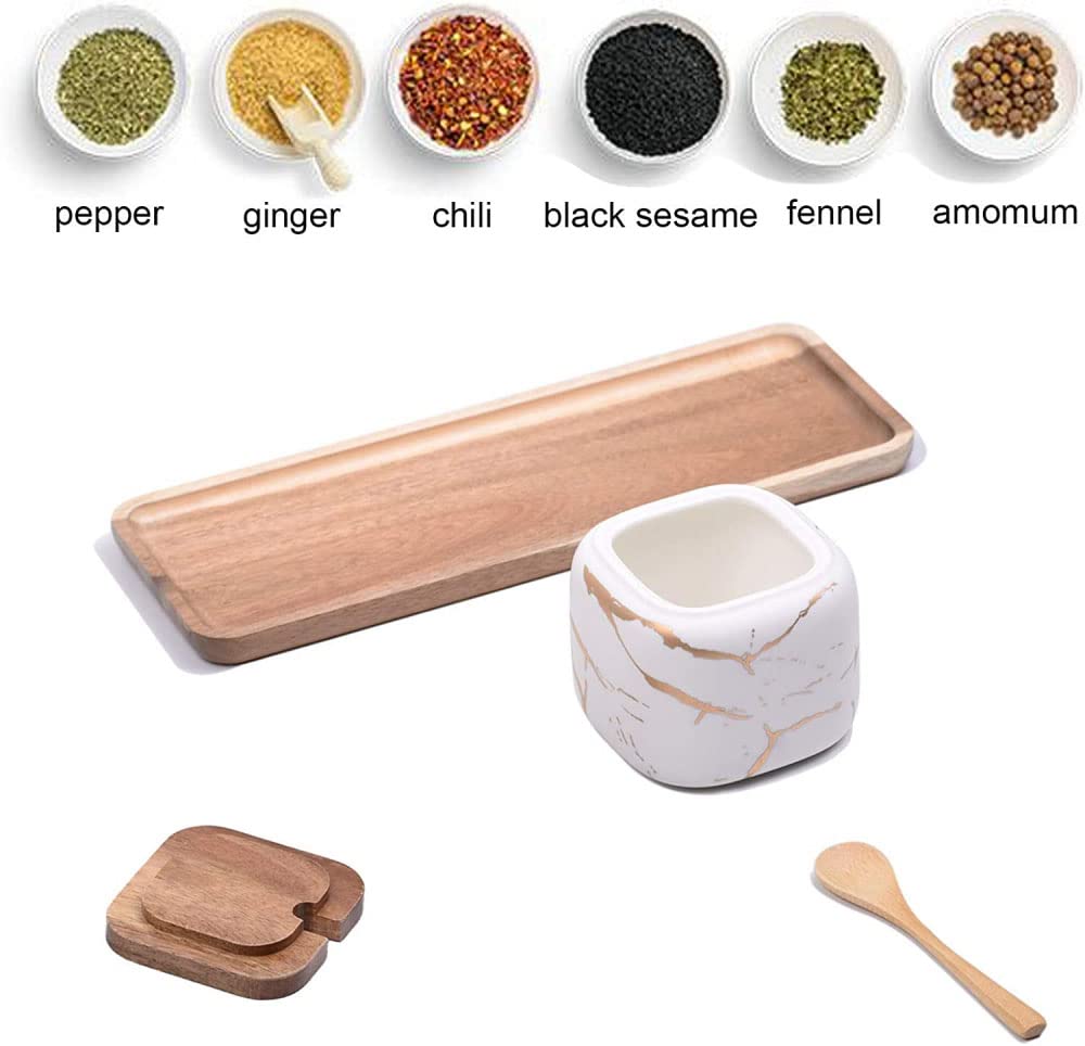 LPY Lot de 3 Pots à épices en céramique, Pot à épices de Cuisine en marbre Mat, Pot en céramique avec Couvercle, cuillère et Plateau, Parfait pour la Cuisine-White