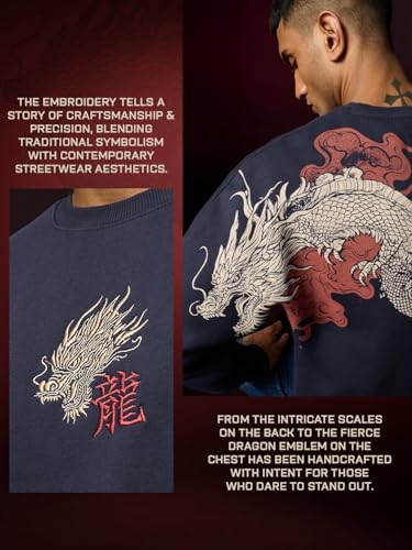 Image of The Souled Store Year of The Dragon Men and Boys Long Sleeve Round Neck Navy Blue Graphic Printed Cotton Polyester Blend Drop Shoulder Streetwear Trendy Winter Ready Oversized Sweatshirt