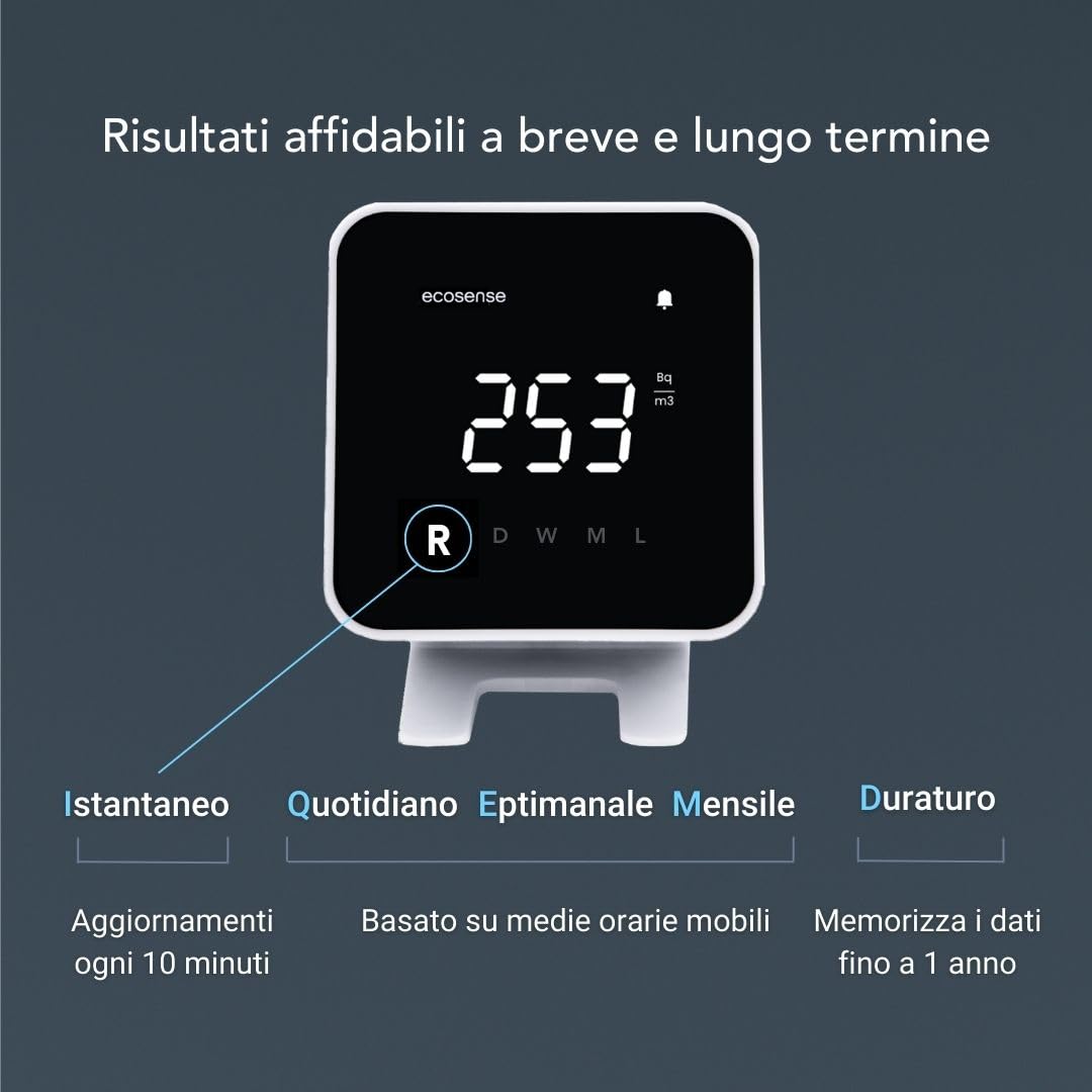 Ecosense EB100 EcoBlu, Rilevatore Radon domestico, Cattura & Visualizzazione Risultati Ogni 10 Minuti, Monitoraggio Continuo a Breve E Lungo Termine, Facile Da Usare