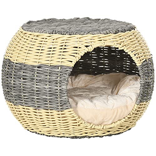 PawHut Casa de mimbre para gatos, cama elevada de ratán, acogedora cueva de gatitos con cojín lavable suave, Φ40 x 30 cm