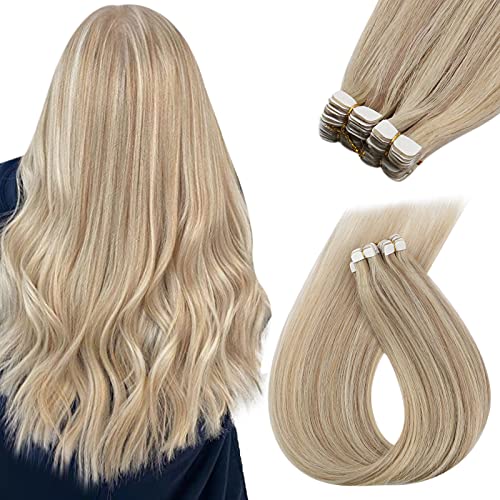 Blonde Hair Extensions Tape in Highlights Remy Human Hair Tape in Extensions Warm Ash Blonde Highlights Bleach Blonde Tape in Hair Extensions 22inch 1g/pcs 20pcs