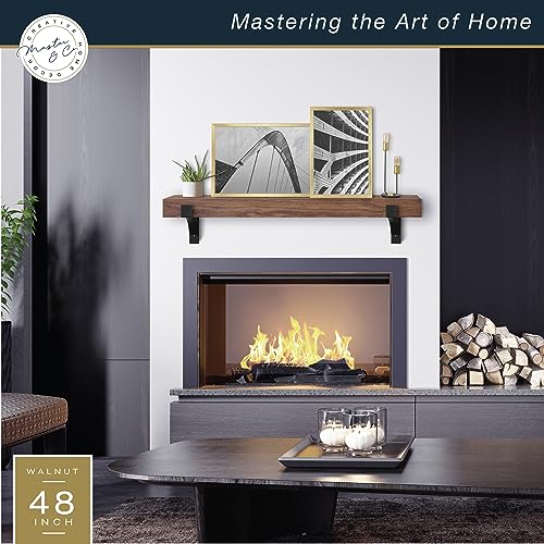 Image of Master & Co. Modern Floating Fireplace Mantel with Black Metal Brackets, Long Floating Shelves for Wall Decor, 48 inches, Walnut Woodgrain