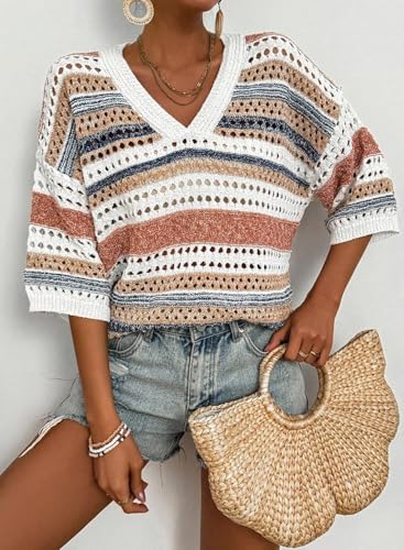 Acelitt Womens Short Sleeve Crochet Knit Sweater Hollow Out Striped Tops Beach Vacation Cruise Outfits2