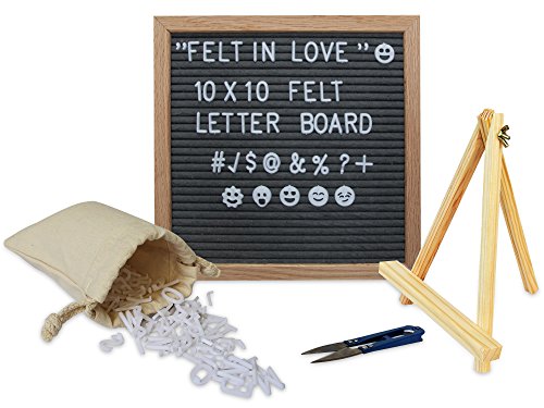 Felt Letter Board 10x10 Inch. Dark Gray Changeable Sign Letter Board with Natural Oak Frame and 340 White Plastic Letters, Emoji, Symbols, Letter Bag and Stand (Dark Gray)