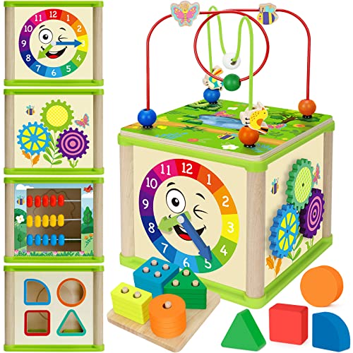 V-Opitos Learning Toys For Toddler 1, 2, 3 Years Old, 5 In 1 Wooden Activity Cube With Sorting & Stacking Puzzle, Montessori Early Educational Toys For Baby, 12-18 Months, Ideal First Birthday Gifts #TOP13