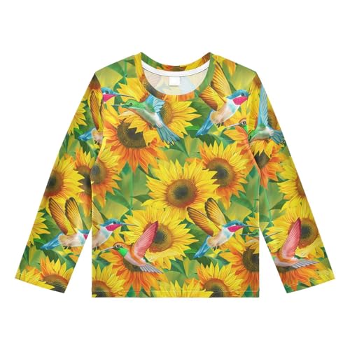 DOMIKING Hummingbird Sunflowers Yellow Boys Long Sleeve Rashguard Shirt Kids Quick Dry Swim Shirt for Kids Toddler 9-10T