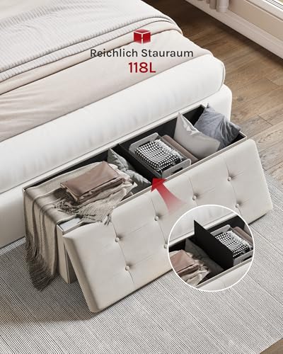 WOLTU Sitzbank mit Stauraum 110 cm, Truhe mit Stauraum 118 L faltbar, Sitztruhe Sitzbox Aufbewahrungsbox klappbar, Bettbank Schlafzimmer, belastbar bis 300 kg, aus Samt, Cremeweiß