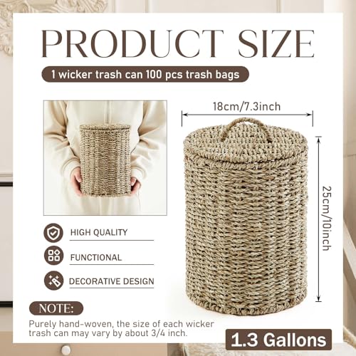 Image of Ctosree 1.3 Gallons Small Trash Can with Lid Handle Boho Woven Braided Bathroom Waste Basket Trash Can with 100 Garbage Bags for Bedroom Office Laundry(Primary Color,Braided Straw Rope,Round)