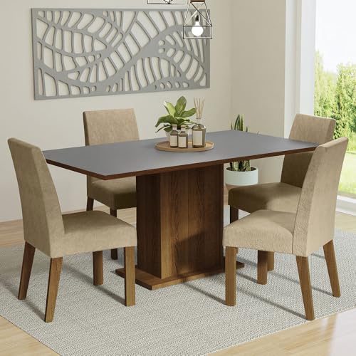 Image of Madesa 4 Seater Dining Set with Fully Cushioned Rectangular Table Top, Sturdy Wooden 160 Cm for Dining Room and Kitchen - Brown /Grey /Beige