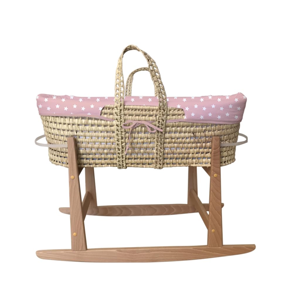 Tanuki Moisés de Mimbre Natural para Bebé con Base de Madera - Hecho a Mano - Colchón Incluido - Estilo nórdico Cloe B Rosa