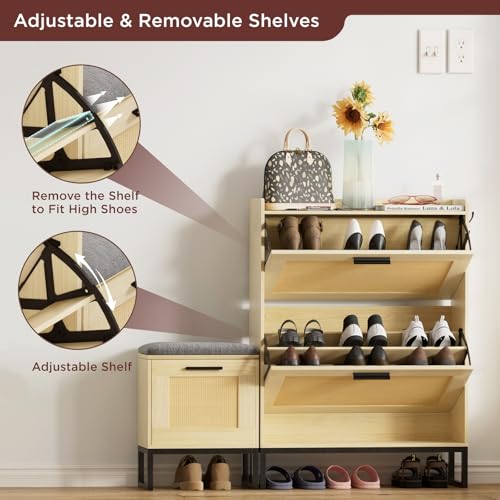 Image of Maupvit Shoe Cabinet Storage for Entryway with Bench, Natural Oak Rattan Narrow Shoe Cabinet with 2 Flip Drawers, Wooden L-Shaped Shoe Rack Slim Shoes Storage Organizer for Hallway, Entrance