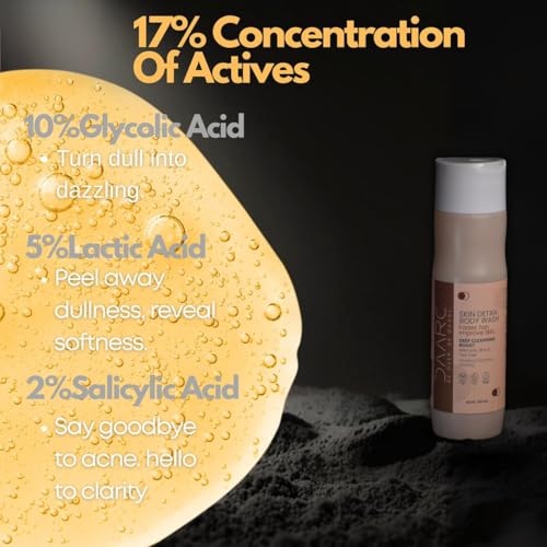 Image of DAARC DETAN Body Wash with 10% Glycolic Acid, 5% Lactic Acid & 2% Salicylic Acid | AHA BHA Exfoliating Body Wash for Tan Removal, Body Acne & Strawberry Legs | 250ml