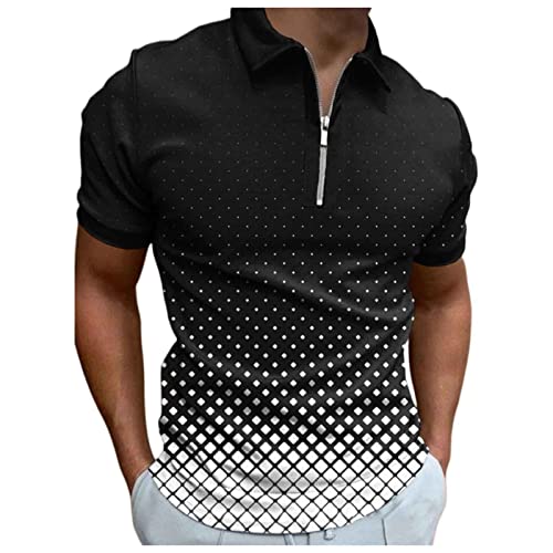 Men's Fashion Zipper Polo Shirts Casual Shorts Sleeve Golf Shirts Polka Dots Striped Color Block Basic Polo Tops