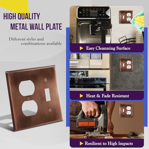 Image of ENERLITES Combination Toggle Switch and Duplex Receptacle Metal Wall Plate, Stainless Steel 201 Outlet Cover, Corrosion-Resistant, Standard Size 2-Gang 4.50 inch x 4.57 inch, 771121-AC, Antique Copper