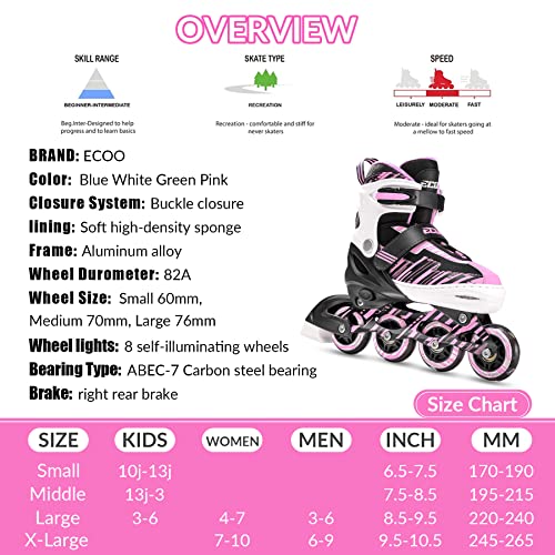 Ecoo Adjustable Inline Skates Boys And Girls With Light Up Wheels，Roller Blades For Kids Ages 4-12, Women Rollerblades For Beginner Outdoor And Indoor… #TOP6