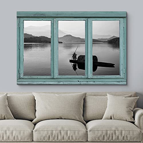 Wall26 - Vintage Teal Window Looking Out Into A Black And White Boat On A Lake With A Mountain View - Canvas Art Home Art - 24X36 Inches #TOP2
