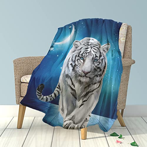 Fleece Throw Blanket 50"X60", Soft Cozy Warm Fuzzy Flannel Plush Blanket Siberian White Tiger Under The Blue Starry Night Blanket For Couch, Sofa, Bed, Living Room #TOP1
