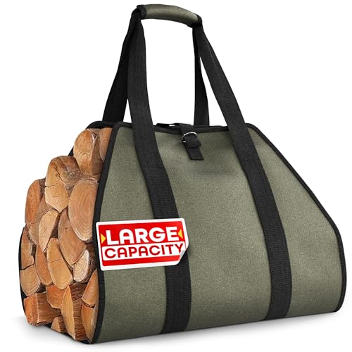 Firewood Carrier with Reinforced Handles - Water-Resistant Canvas Wood Carrier for Firewood with...