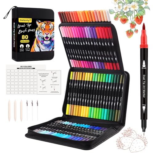 Gelanty Feutres Coloriage Adulte, 80 Stylos Double Pointe Aquarelle pour Adulte, Pinceaux Marqueurs pour Coloriage, Dessin, Création Artistique