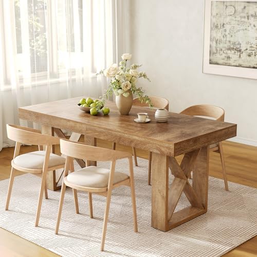 LITTLE TREE 63-Inch Rectangle Dining Table for 4-6 People, Farmhouse Thick Appearance Design, Rectangular Kitchen Dinner Table for Home, Rustic Yellowish Brown