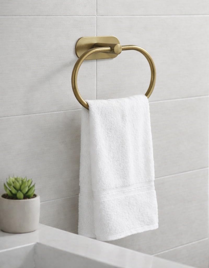 Oslen Magic Sticker Towel Ring Holder for Bathroom – Self Adhesive Wall Mount Hand Towel Hanger Without Drilling, Brushed Antique Brass Gold Finish, Rustproof Stainless Steel (Pack of 1) 4